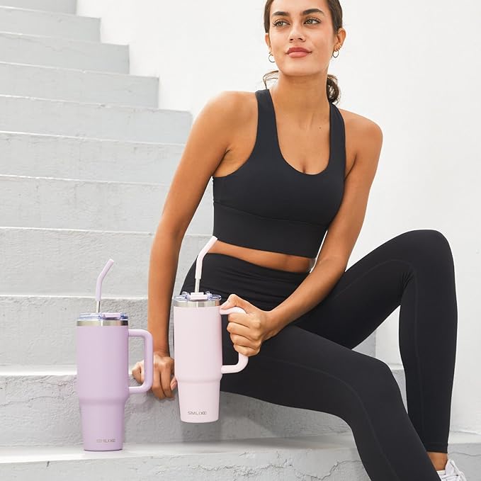 30 oz Tumbler with Handle, Tumbler with Lid and Straw, Double Wall Vacuum Insulated Travel Mug Stainless Steel Tumbler for Hot and Cold, Cupholder Friendly (Purple)