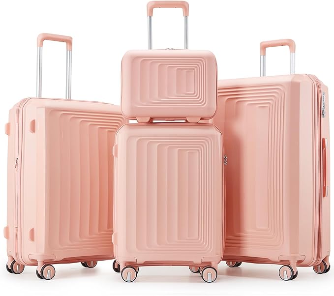Luggage Set 4 Piece Suitcase Sets with Double Spinner Wheel, Expandable Hardside Travel Luggage with TSA Lock (14/20/24/28), PP Material Hardshell Carry on Travel Suitcases (D# Pink)