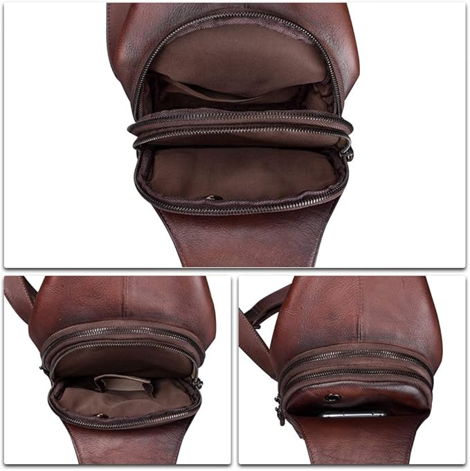 IVTG Genuine Leather Sling Bag for Men and Women Chest Shoulder Crossbody Hiking Backpack Vintage Handmade Daypack