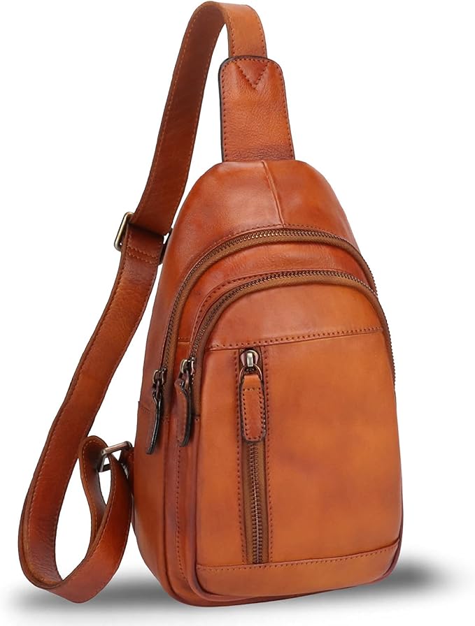 IVTG Genuine Leather Sling Bag Chest Shoulder Pack Crossbody Casual Daypack Vintage Handmade Hiking Backpack Motorcycle Bag (Brown) Medium