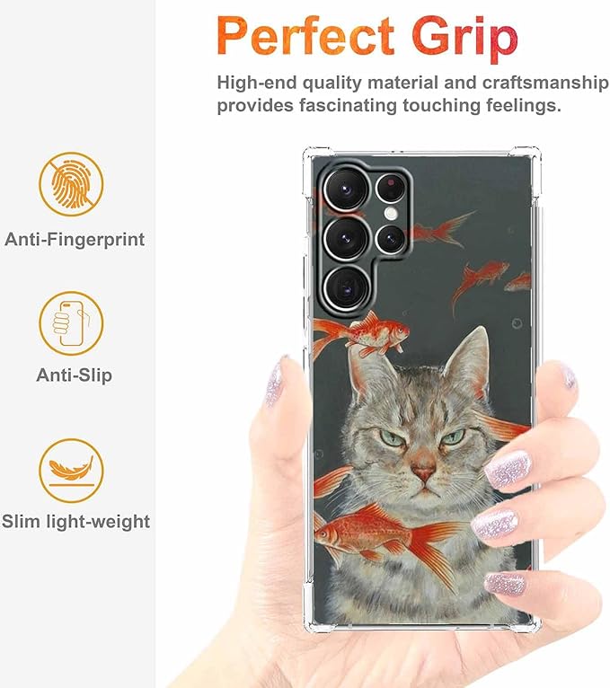 Case for Samsung Galaxy S23 Ultra with Cool Cat Design,Cute Goldfish Pattern for Children,Clear Soft TPU Bumper Phone Cover,6.8"(Cat,S23U)