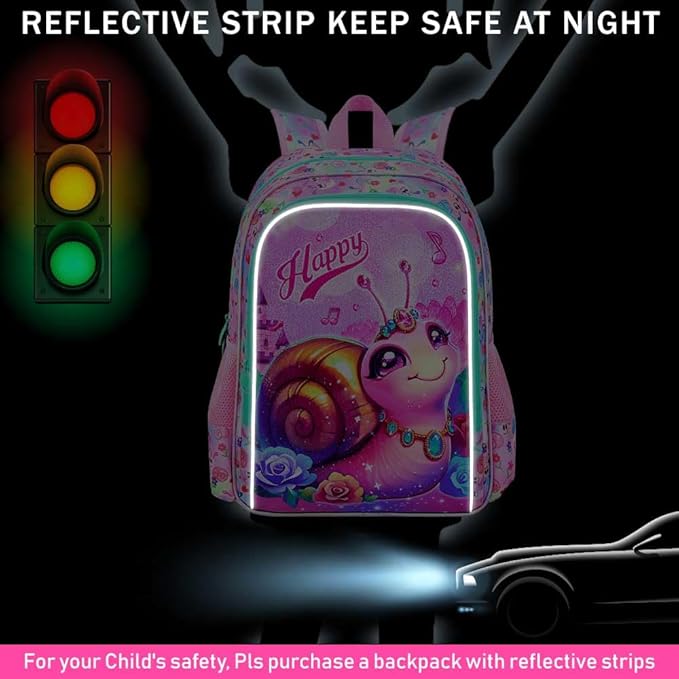16" Backpack for Girls, 16" Kids Bookbag with Lunch Box，Snail School Backpacks for Elementary Preschool Kindergarten (Pink)