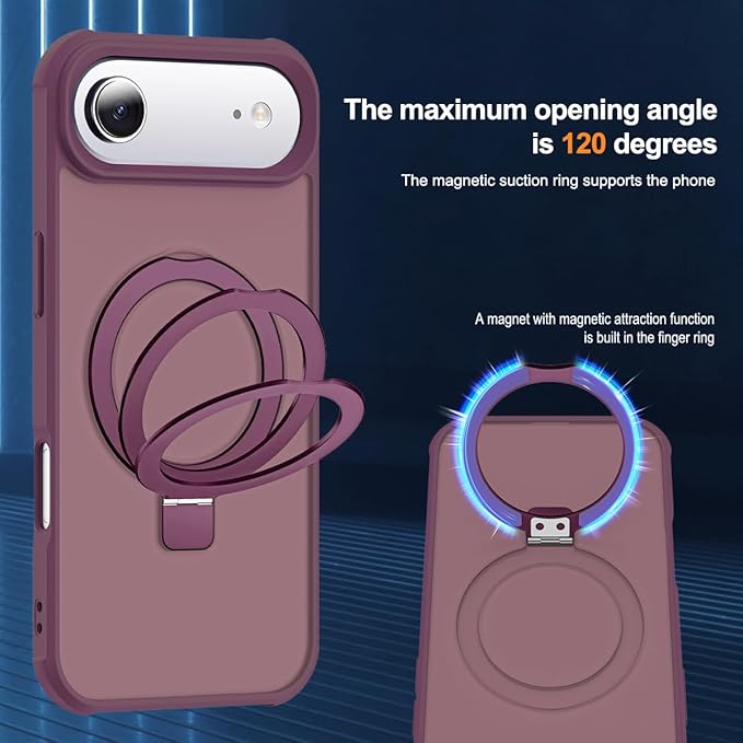 Compatible with iPhone 17 Air Case with Invisible Magnetic O-Ring Stand Military-Grade Translucent Phone Case for iPhone 17 Air 6.5" [Compatible with Mag-Safe][Great Grip Feeling], Wine Red