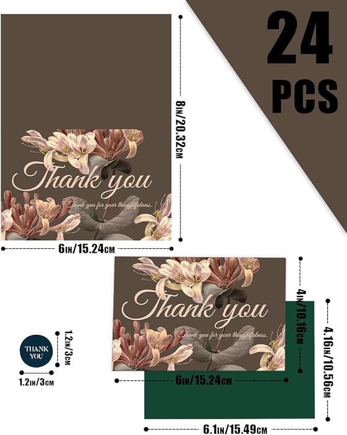 qiqee Palm Flower Thank You Cards 24 Greeting Gift Cards for Handwritten Messages 4x6 Inch Thank You Notes (24pcs Envelopes)