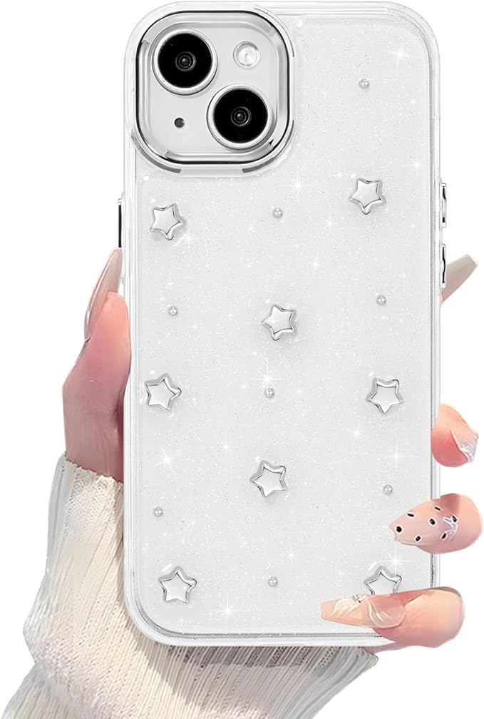 EYZUTAK Case for iPhone 14 Plus, Bling Glitter 3D Stars Phone Case Cute Sparkly Crystal Clear Star Aesthetic Design Case Slim Soft Durable TPU Transparent Protective Cover for Women Girls - Star