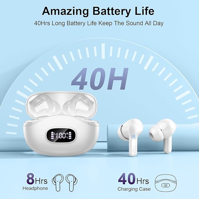 Wireless Earbuds, 2025 Bluetooth Headphones V5.3 HiFi Stereo Ear buds with ENC Noise Cancelling Mics, 40H Bluetooth Earbuds with Dual LED Display, IP7 Waterproof Earphones for Android iOS, White