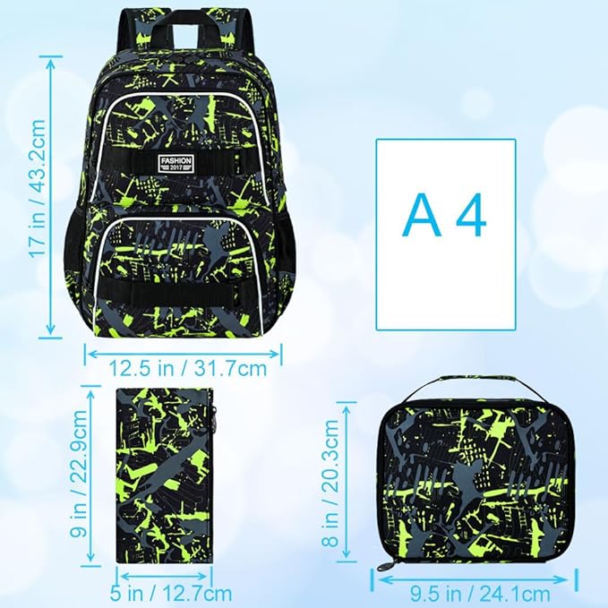 17 Inches Backpack for Boys Men, 3Pcs College Laptop Backpacks Set for Teens Students, Water Resistant Graffiti School Bookbag with Lunch Bag(Green)