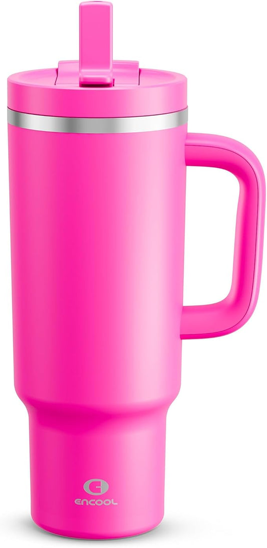 40 oz Tumbler with Handle and Straw: Stainless Steel Insulated Tumbler Keeps Cold for 24 Hours, Leakproof Travel Cup Fits in Cup Holder and BPA-Free, Persian Rose
