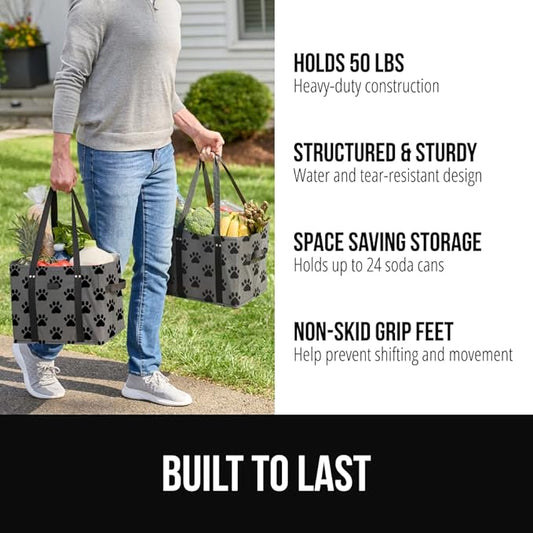 GORILLA GRIP Heavy Duty Foldable Reusable Grocery Bags, 3 PK, Tear Resistant Box Shape Shopping Tote with Reinforced Handles, Grip Feet, Easily Carry and Transport Groceries, 13x10x11, Paw Gray Black