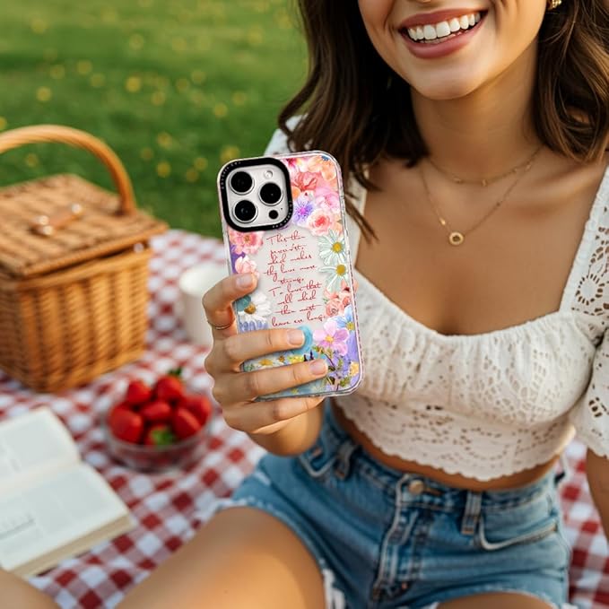 for iPhone 15 Pro Max Case, Romantic Floral Pattern with Poetic Quote, Military-Grade Drop Protection, Cute Soft Slim TPU Protective Cover with Camera Protection for Women & Girls