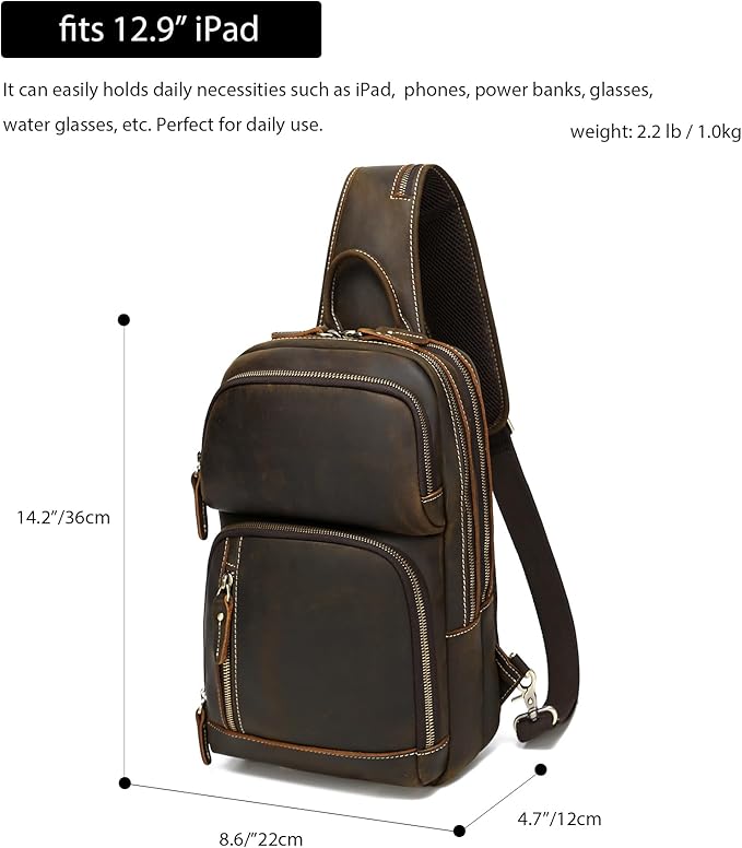 LANNSYNE Full Grain Leather Sling Bag For Men, Crossbody Bag fits 12.9" iPad Crossbody Chest Daypack