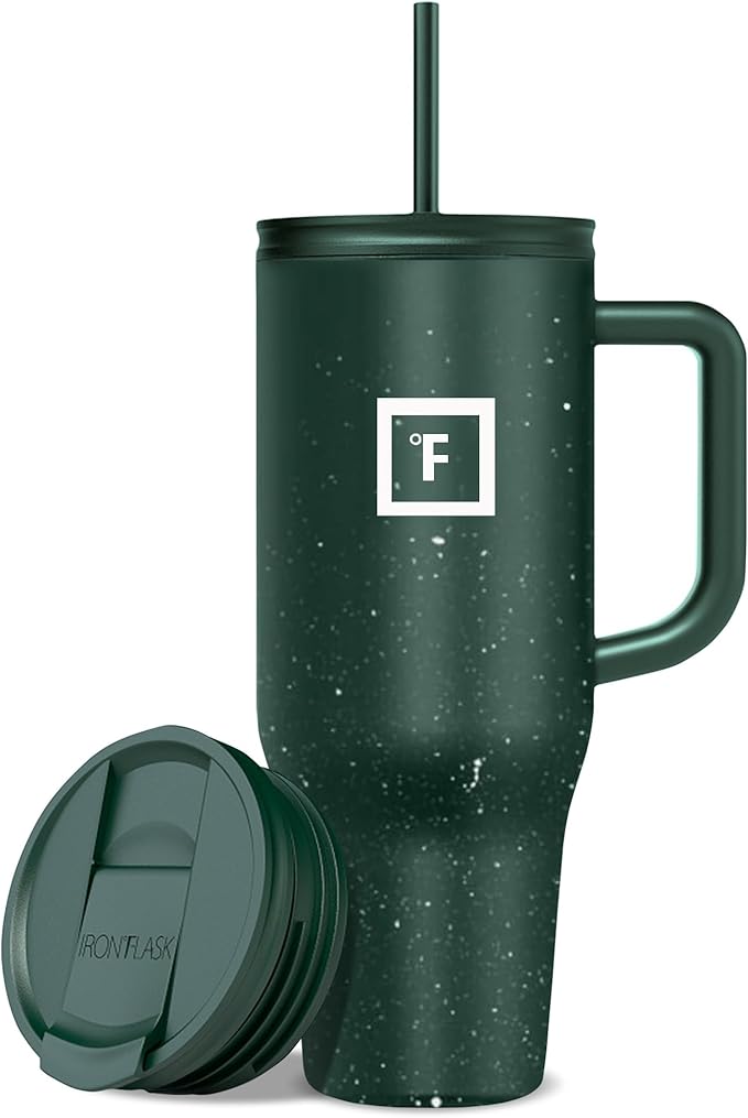 IRON °FLASK Co-Pilot Insulated Mug w/Straw & Flip Cap Lids - Cup Holder Bottle for Hot, Cold Drink - Leak-Proof- Water, Coffee Portable Travel Tumbler - Dark Pine Speckle, 40 Oz