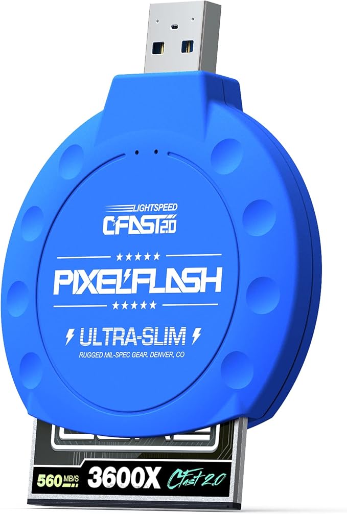 PixelFlash CFast 2.0 Card Reader (Blue) - Memory Card Adapter with USB 3.0, 500Mb/s File Transfer, Ultra-Slim & Anti-Slip Rubber Shell, Compatible with Most Brands & OS