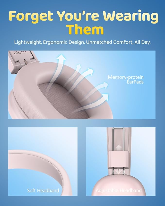 Kids Bluetooth Headphones, Over-Ear Wireless Headphones with Microphone, Safe-Volume 85dBA, Bluetooth 5.4, Foldable Lightweight and Comfortable, 50H Playtime, USB-C Charging, Pink