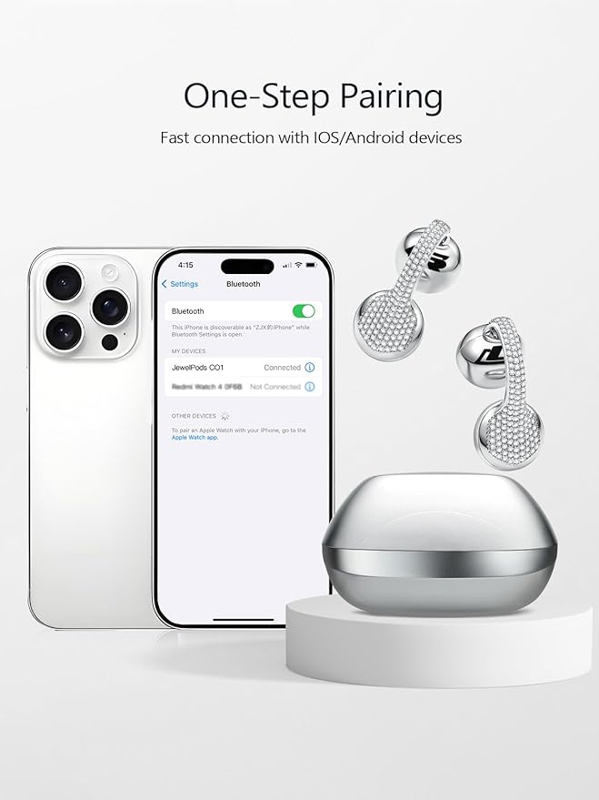 JewelPods C01 Wireless Earbuds,Open Ear Earbuds Jewelry-Inspired Designs Metal Clip-on,Excellent Spatial Audio,Sweat and Water Resistant,72H Play,White Gold