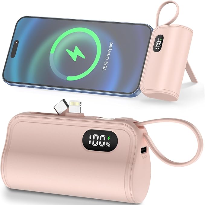 Mini Power Bank Portable Charger with Built-in Lightning&USB-C Connector, Compact Battery Pack Travel Portable Phone Charger Compatible with iPhone 16/16 Pro Max/15/14/13/12/11/XR Android Phones etc