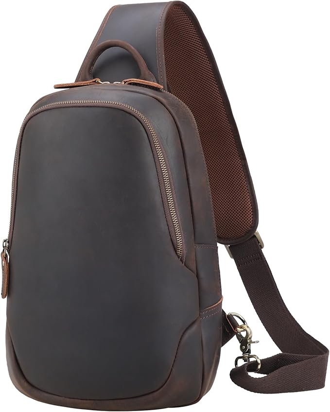 TIDING Men's Vintage Leather Crossbody Sling Bag Outdoor Travel Chest Bag Shoulder Daypack Fits 12.9" iPad