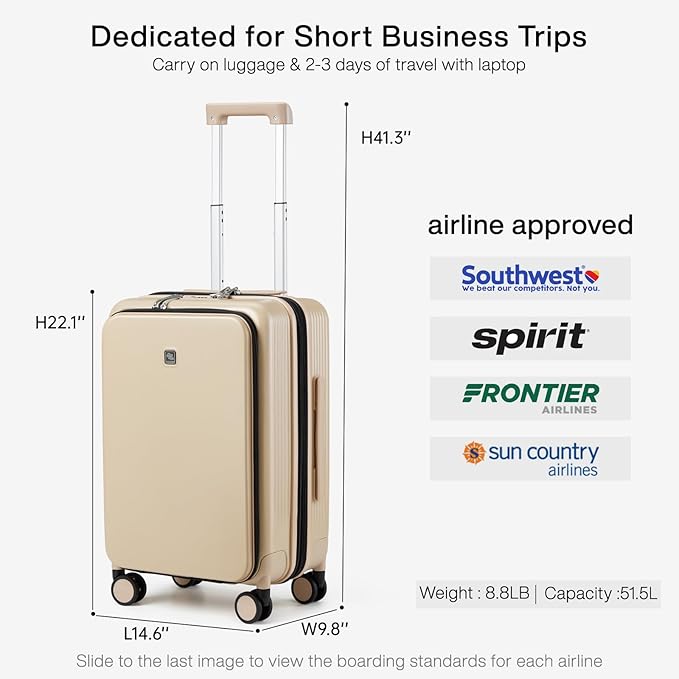 Hanke Grace Expandable Carry On Luggage with Wheels Airline Approved Hard Shell Suitcases with Front Pocket，Top Opening Luggage with TSA Lock for Short Business Travel, Cuban Sand.
