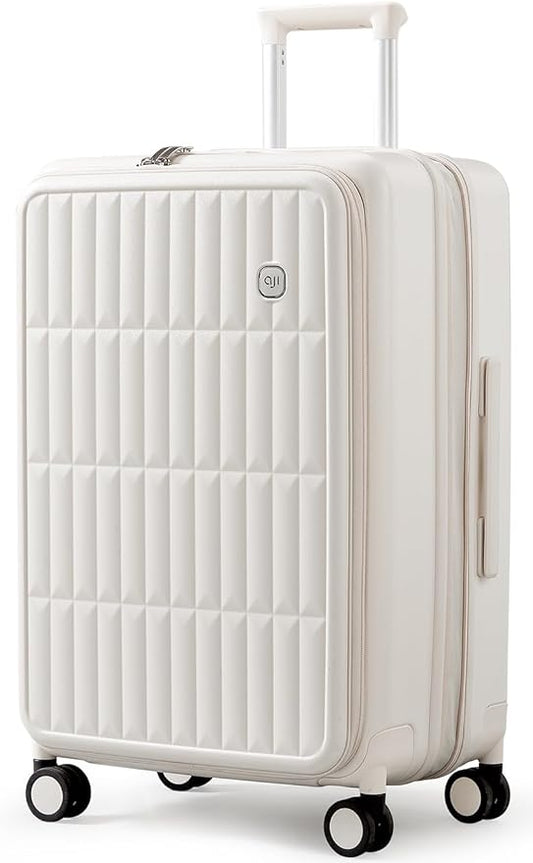 aji Expandable Top Open 26 Inch Checked Luggage with Spinner Wheels, Large Suitcase with TSA Lock, Hardside Travel Luggage Suitcases for Men Women, for 24+Days Travel, Coconut White