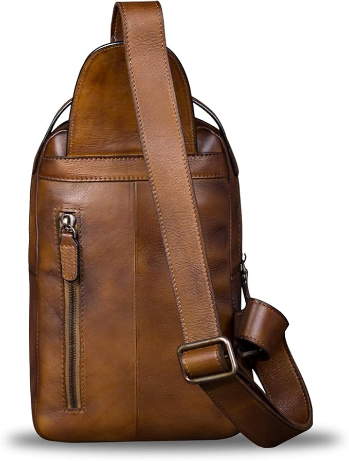 IVTG Genuine Leather Sling Bag Chest Shoulder Fanny Bag Hiking Backpack Vintage Handmade Crossbody Daypack