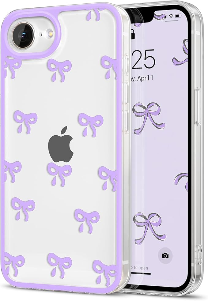 EYZUTAK Case for iPhone 16e, Clear Cute Ribbon Bowknot Pattern Aesthetic Transparent Phone Case Raised Camera Protection Stylish Slim Soft Durable TPU Protective Cover for Women Girls - Purple