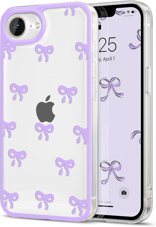 EYZUTAK Case for iPhone 16e, Clear Cute Ribbon Bowknot Pattern Aesthetic Transparent Phone Case Raised Camera Protection Stylish Slim Soft Durable TPU Protective Cover for Women Girls - Purple