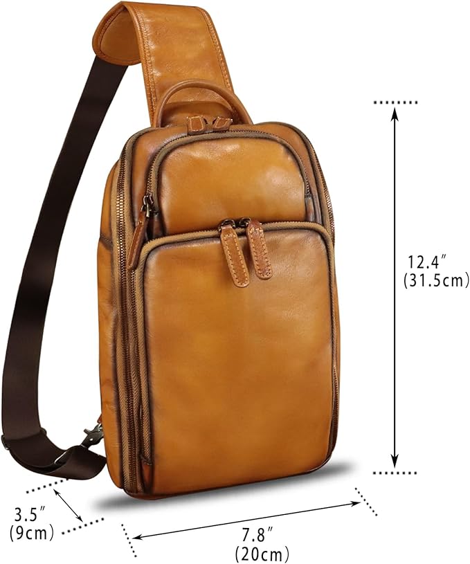 Genuine Leather Sling Bag for Men and Women Vintage Leather Sling Backpack Crossbody Bag Chest purse for 11 Inch Ipad Pro