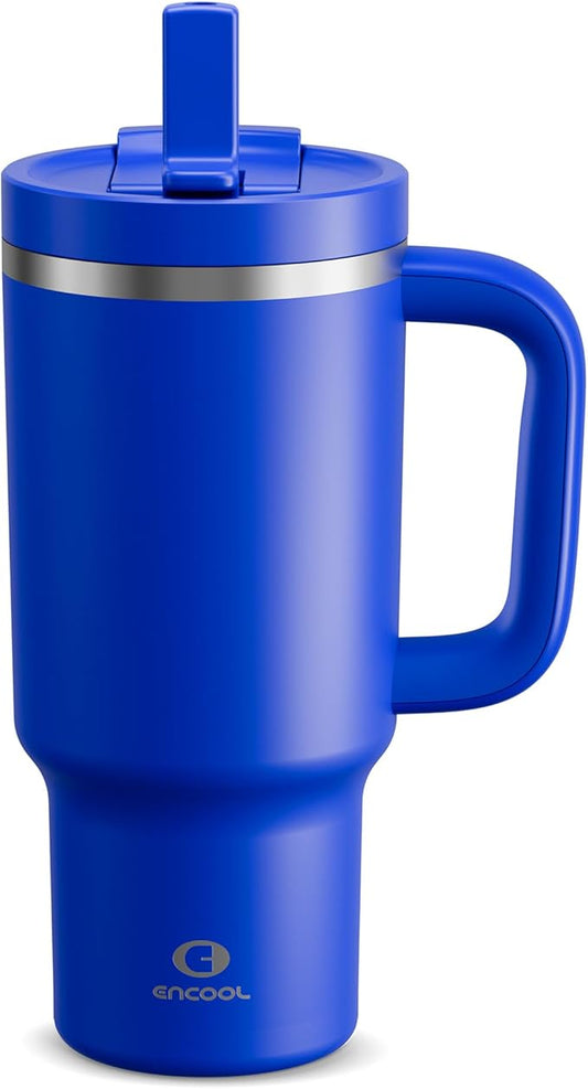 32 oz Tumbler with Handle and Straw: Stainless Steel Insulated Tumbler Keeps Cold for 24 Hours, Leakproof Travel Cup Fits in Cup Holder and BPA-Free, Royal Blue