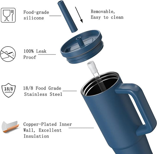 TILUCK 30 oz Tumbler with Handle, Vacuum Insulated Stainless Steel Travel Mug with 100% Leak-Proof Silicone Straw Lid, Cupholder Friendly Water Bottle(DarkBlue, 30oz)