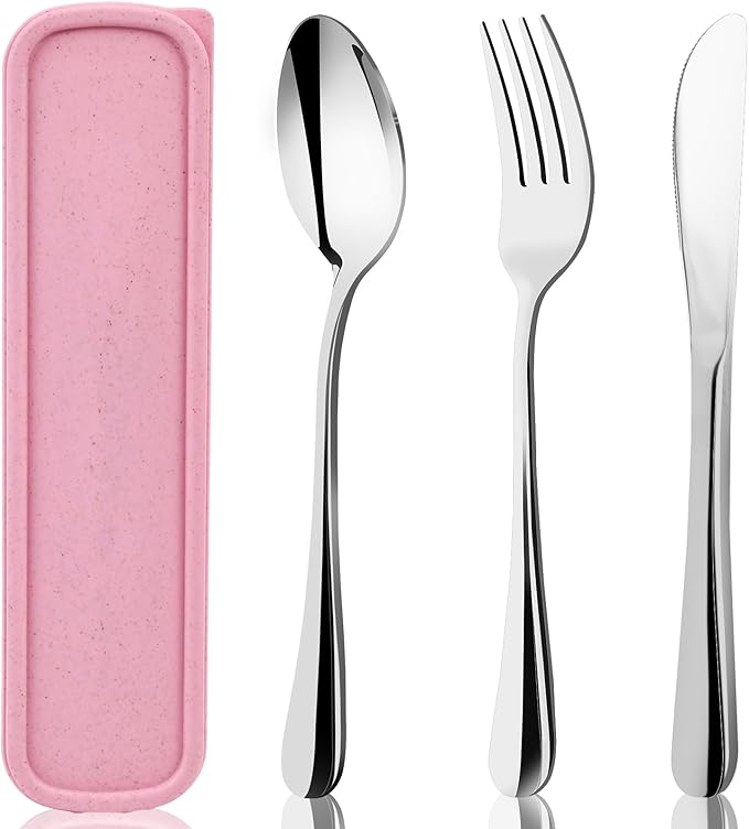 HANSGO 3PCS Portable Utensils Set with Case, Travel Cutlery Set Stainless Steel Utensils Reusable Silverware for Lunch Camping School Picnic Office Dishwasher Safe Pink