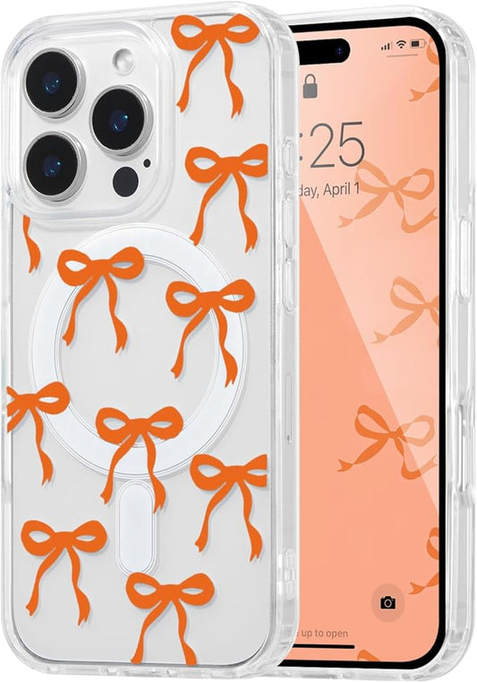 UEEBAI Magnetic for iPhone 16 Pro Case, Bow Case Compatible with MagSafe, Wireless Slim Clear Ribbon Aesthetic Phone Cover Anti-Yellowing Shockproof Protective Cover for Women Girl - Orange