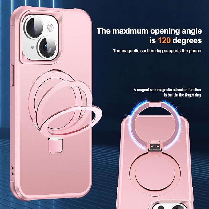 Compatible with iPhone 15 Case with Invisible Magnetic O-Ring Stand Military-Grade Case for iPhone 15 6.1" [Compatible with Mag-Safe][Great Grip Feeling], Rose Gold