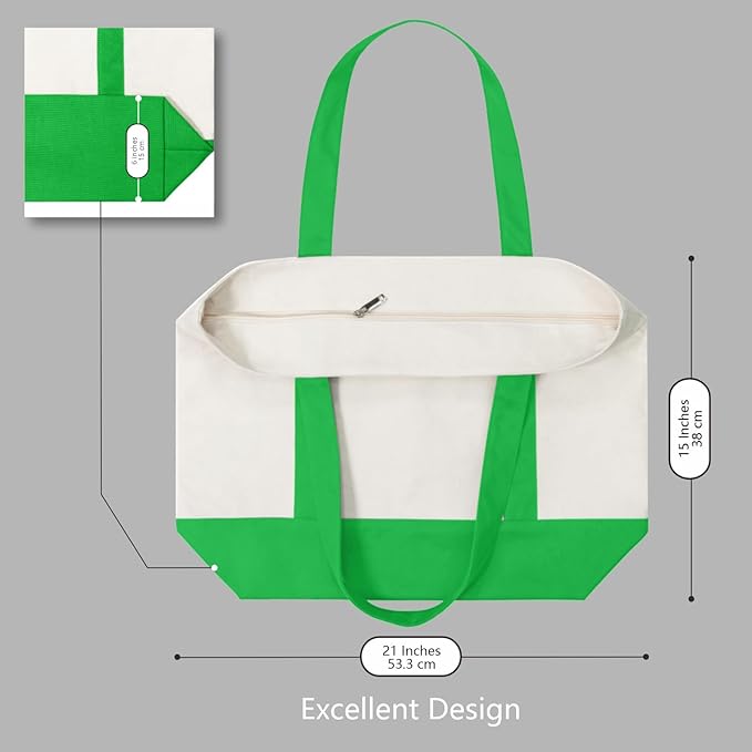 TOPDesign 6-Pack Canvas Tote Bags with an External Pocket, Reusable Grocery Shopping Bags, Top Zipper Closure, Daily Essentials (Lime Green/Natural)