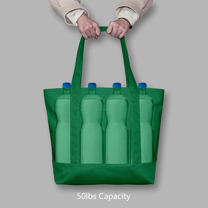 TOPDesign 6-Pack Canvas Tote Bags with an External Pocket, Reusable Grocery Shopping Bags, Top Zipper Closure, Daily Essentials (Green)