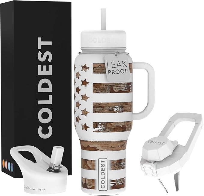 Coldest Tumbler with Handle and Straw - 100% Leak Proof Insulated Tumbler with Lid and Straw (3 Lids) - Stainless Steel Tumblers for Women & Men - Cup Holder Friendly Base, 36 oz (The Patriot)