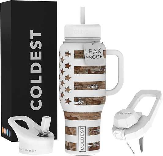 Coldest Tumbler with Handle and Straw - 100% Leak Proof Insulated Tumbler with Lid and Straw (3 Lids) - Stainless Steel Tumblers for Women & Men - Cup Holder Friendly Base, 36 oz (The Patriot)