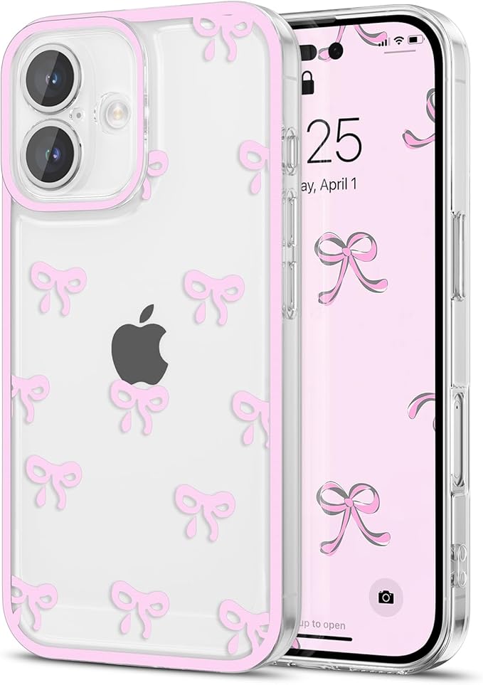 EYZUTAK Case for iPhone 17, Clear Cute Ribbon Bowknot Pattern Aesthetic Transparent Phone Case Raised Camera Protection Stylish Slim Soft Durable TPU Protective Cover for Women Girls - Pink