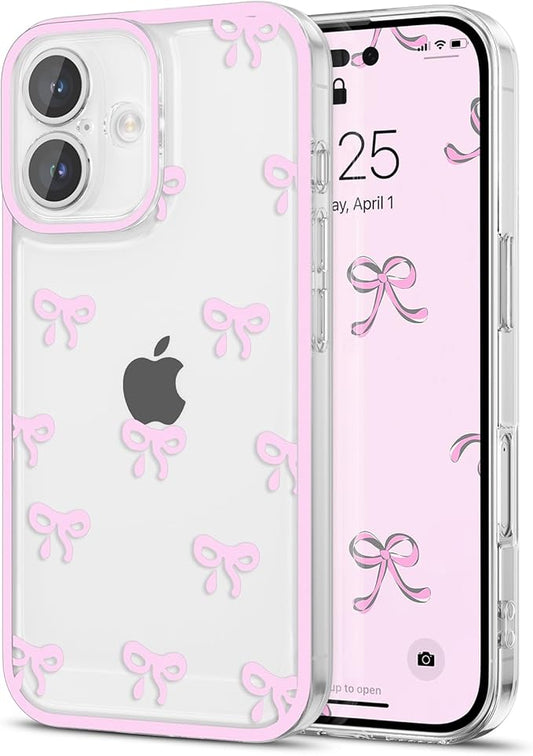 EYZUTAK Case for iPhone 17, Clear Cute Ribbon Bowknot Pattern Aesthetic Transparent Phone Case Raised Camera Protection Stylish Slim Soft Durable TPU Protective Cover for Women Girls - Pink
