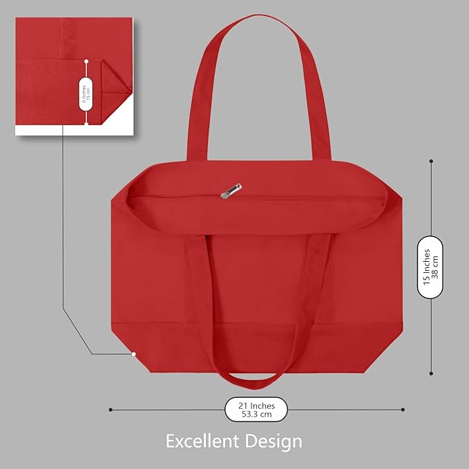 TOPDesign 1-Pack Canvas Tote Bags with an External Pocket, Reusable Grocery Shopping Bags, Top Zipper Closure, Daily Essentials (Red)