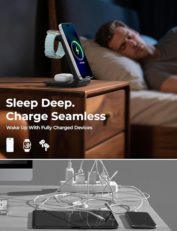 3 in 1 Wireless Charging Station for Apple Mag Safe Charger, 15W Fast Mag-Safe Charger Stand Compatible with iPhone 17 16 15 14 13 12, Apple Watch Charger & Airpods, Gifts for Wife & Husband, Black