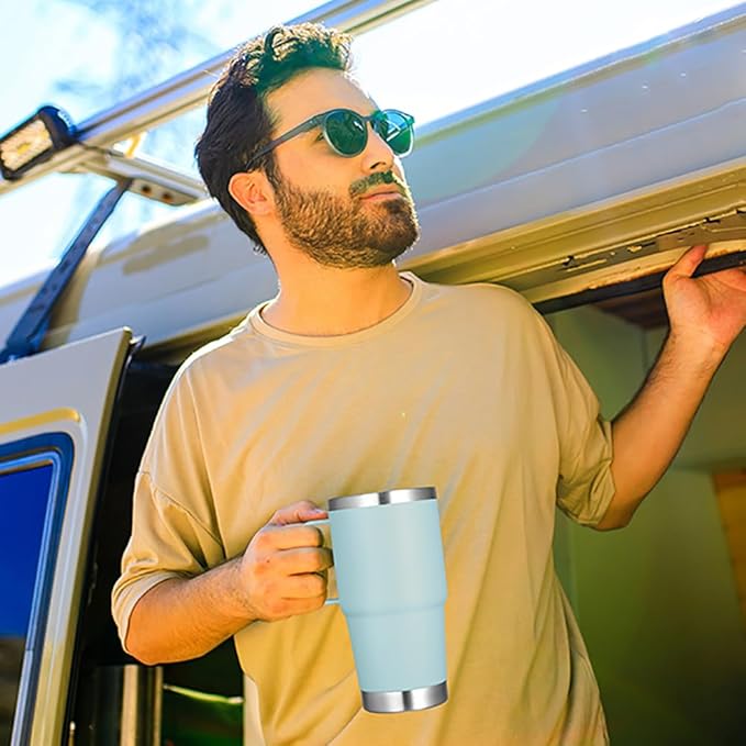 VEGOND 20 oz Tumbler Bulk with Handle Lid and Straw, Stainless Steel Insulated Travel Coffee Mug Set, Spill Proof Double Wall Metal Tumblers Cups, Mint Green 12 Pack