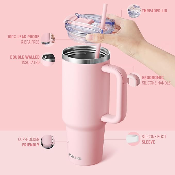 40 oz Tumbler with Handle and Straw Lid,Insulated Reusable Stainless Steel Water Bottle Travel Mug，Cupholder Friendly Double Wall Vacuum Sealed Cup (Pink)