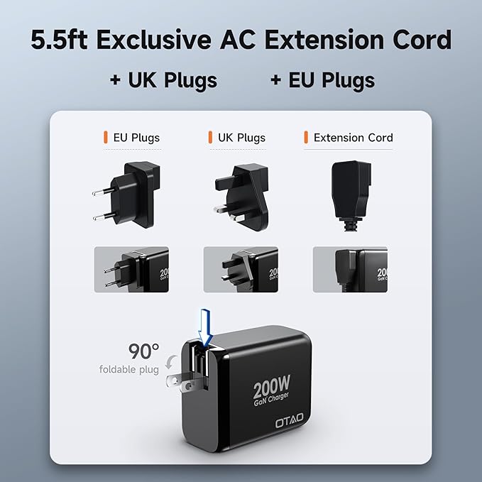 200W USB C Charger Block, 4 Ports GaN Fast Charging Station Wall Charger, PD3.0 PPS 100W QC3.0 65W Power Station Travel Adapter with AC Cord UK/EU Plug for MacBook Pro/Ai/iPhone 15/14/13/ S24