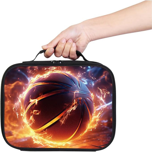 Basketball Lunch Box for Boys Girls, Double Insulated Lunch Bag for Kids at Primary Elementary School, 600D Polyester, Leak Resistant, Zipper Closure, Lightweight, Fits Most Bento Boxes