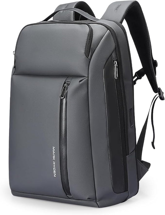 Muzee Business Backpack for Men, Travel Laptop Backpack Fits 15.6 Inch, Waterproof Expandable Bag 25L-35L, Grey Work Daypack with USB & USB-C Charging Ports, Anti-Theft Pocket, Luggage Strap