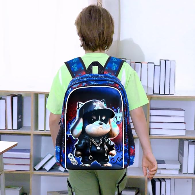 CCJPX 16" Kids Backpack for Boys, 3PCS Dog Water Resistant Preschool Bookbags with Lunch Box, Cool School Bag for Toddler Kids