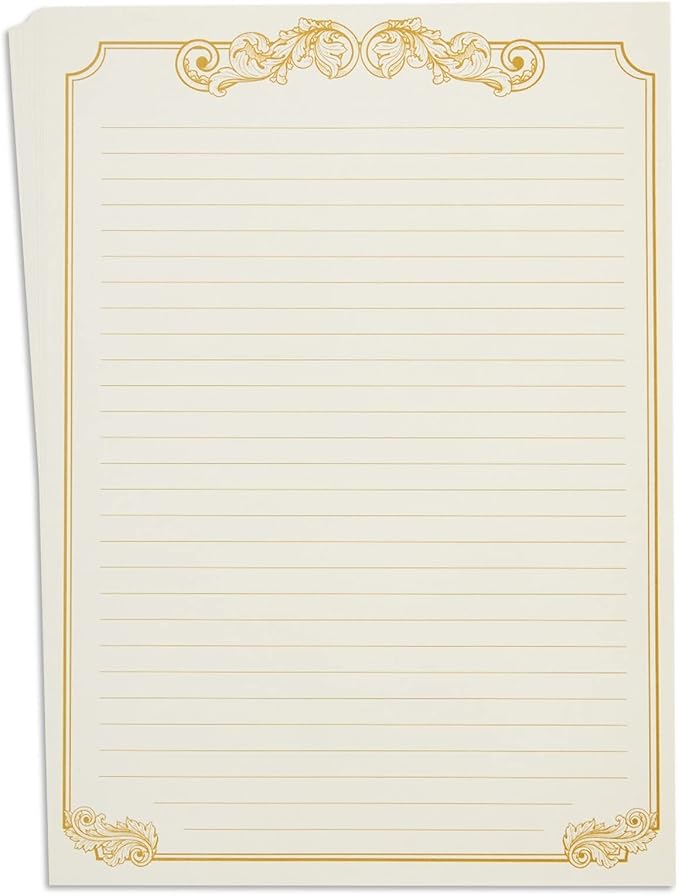 Paper Junkie Letter Paper & Envelopes Set - 60 Sheets (7.2 x 10.2 In) & 30 Ivory Envelopes (4 x 7.7 in), Gold Border, 100 GSM - Vintage Lined Stationery for Love Letters & Invitations