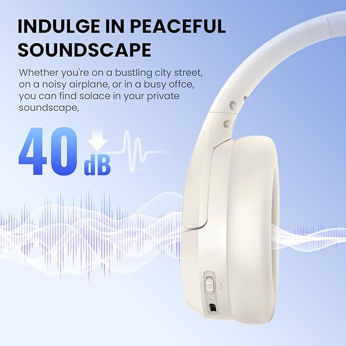 Active Noise Cancelling Headphones with Transparency Mode, 80H Playtime Wireless Over Ear Bluetooth Headphones with ENC Microphone, Deep Bass, Memory Foam Ear Cups, for Travel, Home Office, White