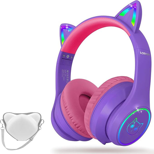 LOBKIN Bluetooth 5.4 Kids Headphones with Case - RGB LED Light Up Cat Ears Foldable Adjustable Over Ear Headphone Support Wireless or 3.5mm Wired Mode for Toddler & Girls & Boys Teens