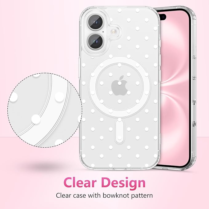 ZTOFERA Magnetic for iPhone 16 Plus Case,Cute Polka Dot Phone Case Aesthetic Striped Clear Trendy Slim Soft Shockproof Protective Phone Cover for Women Girls, White Dot